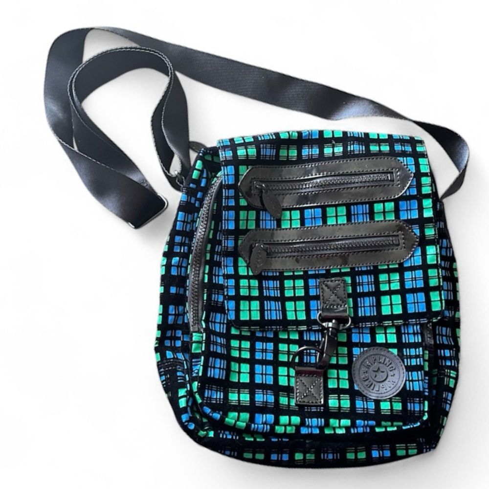 Fergie for Kipling Black and Green Plaid Crossbody Bag Purse Adjustable Strap